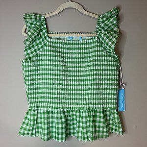 NWT Draper James RSVP Green Plaid Gingham Smocked Peplum Top